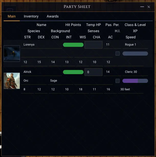 Party Sheet displaying character health and resources